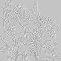 3d embossed lines lily flowers pattern. Textured beautiful flowers relief background. Emboss white backdrop. Surface bas-relief