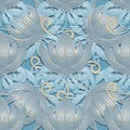 3d embossed lotus flowers seamless pattern. Textured beautiful  flowers blue background. Repeat emboss backdrop. 3d surface Royalty Free Stock Photo