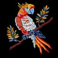 3d Embroidery textured colorful tropical exotic parrot bird on the branch. Vector embroidered beautiful surface bird pattern with Royalty Free Stock Photo