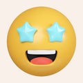 3d emoji. Starry eyed emoji. Excited emoticon face with blue star shaped eyes and happy wide opened mouth. icon isolated Royalty Free Stock Photo