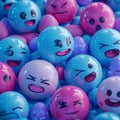 3D emojis Beautiful ceramic heads emoji sad and angry still life blue and violet colour background. Graphic resources, art objects
