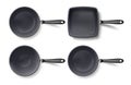 3d empty frying pan set top view, isolated on white. Realistic grill and wok black pan template. Vector illustration