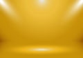 3D empty gold color studio room show booth for designers with spotlight on gold gradient color background. Display your product or