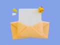3d Empty letter mockup. Envelope with blank letter and bell icon.