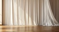 3D Empty modern minimal room with floor to ceiling white sheer drape curtain and wooden parquet floor in sunlight from window for