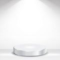 3d Empty Podium Vector. Round Empty White Podium On Clean light Interior Scene Mock Up. Vector illustration.