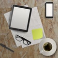 3d empty tablet and a cup of coffee with note pad Royalty Free Stock Photo