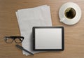 3d empty tablet and a cup of coffee Royalty Free Stock Photo