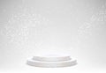 3d Empty white podium on blur winter background with snow .