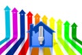 3D energy efficiency chart - arrows, house shape, light bulb - A+++, A++, A+, A, B, C, D, E, F, G
