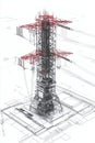 3D engineering model of a high-voltage tower assembly with step-by-step construction blueprints.