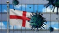 3D, Flu coronavirus floating over England flag. English and pandemic Covid 19 Royalty Free Stock Photo
