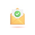 3d envelope with check mark icon, realistic green tick button, isolated on white background. Vector illustration