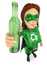 3D Woman superhero of recycling with a glass bottle