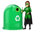 3D Woman superhero of recycling putting a glass bottle in a cont
