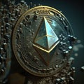 3D ethereum icon in circle on device for cryptocurrency mining block chain. Generative AI