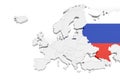 3D Europe map with marked borders - area of Russia marked with Russia flag - isolated on white background with space for text