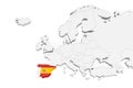 3D Europe map with marked borders - area of Spain marked with Spain flag