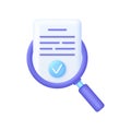 3D Evaluate result icon. File and magnifying glass. Concept of analyze project. Magnifier evaluation checklist icon