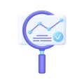 3D Evaluate result illustration. File and magnifying glass. Concept of analyze project. Magnifier evaluation checklist