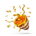 3D Exploding party popper with golden confetti Royalty Free Stock Photo