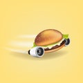 3D Express Jet thrust delivery concept. Burger or fast food service, order, fast and free shipping.