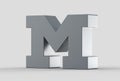 3D extruded uppercase letter M isolated on soft gray background.