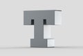 3D extruded uppercase letter T isolated on soft gray background.