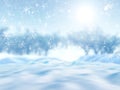 3D falling snow against a snowy tree landscape Royalty Free Stock Photo