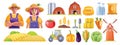 3D farm icon set, agriculture produce market vector pictogram, village rural building, tractor. Royalty Free Stock Photo