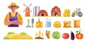 3D farm vector icon set, agriculture produce market pictogram, village rural building, tractor. Royalty Free Stock Photo