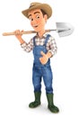 3d farmer carrying shovel on shoulder