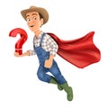 3d farmer flying and holding question mark