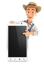3d farmer pointing to blank smartphone