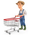 3d farmer pushing supermarket trolley Royalty Free Stock Photo