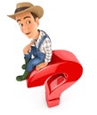 3d farmer sitting on top of question mark