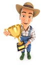 3d farmer standing with gold trophy cup