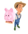 3d farmer standing and holding piggy bank