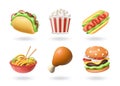 3D fast food. Pizza and burger icons. Realistic taco. Hamburger and hotdog. Restaurant snacks. Popcorn glass. Chicken