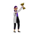 3D Female Doctor Cartoon Character lift a trophy with a proud face