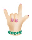 3D female hand with pink manicure and green bracelet. Horns. Rock sign