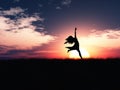 3D female jumping in joy against a sunset landscape