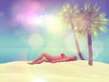 3D female sunbathing on a beach