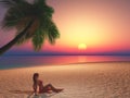 3D female sunbathing on beach at sunset