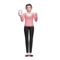 3d female wear sweater doing winning gesture with showing phone screen