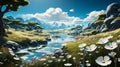 3D Field with Flowers and Grass Water Drops and Eye-Catching Composition - Anime Romantic Riverscape Royalty Free Stock Photo