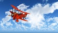 3D figure flying biplane in blue sky Royalty Free Stock Photo