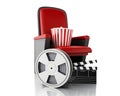 3d Film reel, popcorn and Cinema clapper board on theater seat. Royalty Free Stock Photo