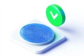 A 3d fingerprint scan and green checkmark icon representing biometric authentication and identity verification on white background