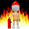3D fireman with extinguisher, flames in background Royalty Free Stock Photo